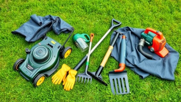 Essential tools for leaf cleanup including gloves, tarp, and more.