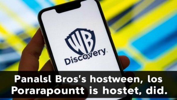 Smartphone showing Warner Bros. Discovery logo amid Paramount hostile bid news.