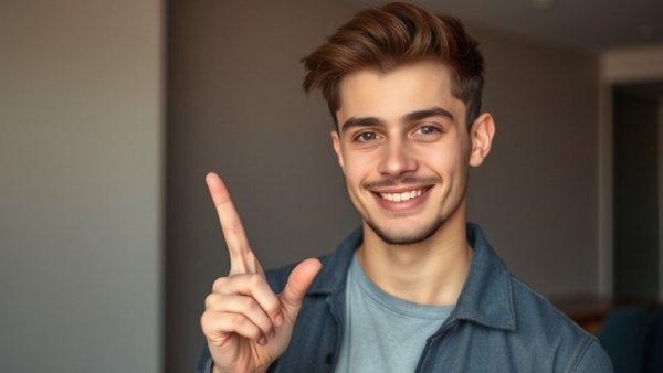 Casual portrait of a young man demonstrating a peace sign indoors.