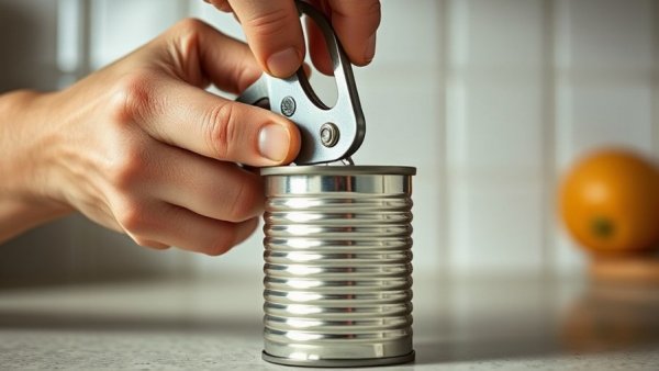 Opening a can of beans with a can opener.