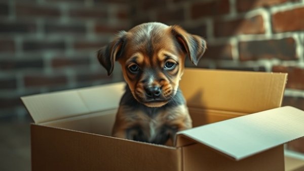 Sad puppy in box symbolizing puppy abandonment in Pennsylvania.