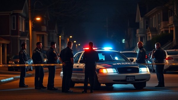 Police investigate youth gun safety issue at night scene.