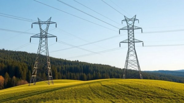 Electrical towers and power lines in scenic landscape.