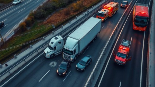 Aerial view of New Jersey Turnpike pileup with emergency vehicles.