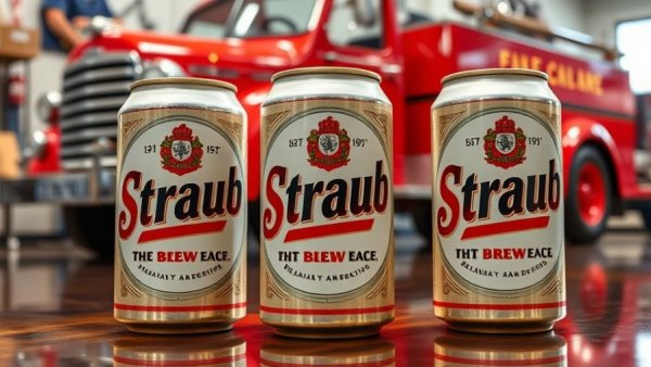 Straub Brewery's craft beer cans honoring heroes in front of a fire truck.