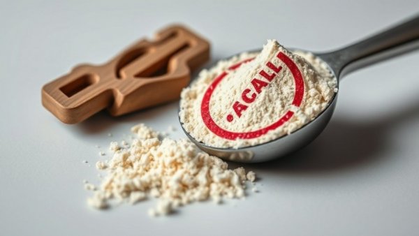 Protein powder scoop with recall alert symbol, FDA protein powder recall.