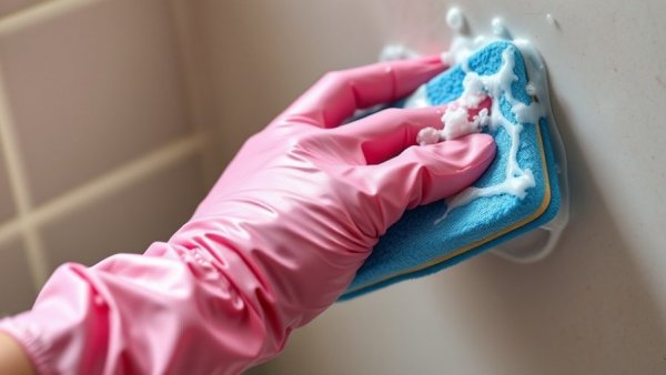 Pink-gloved hand cleaning soapy surface, how to kill norovirus