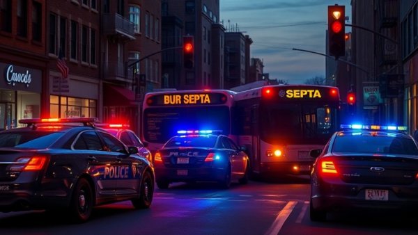 Police pursuit ends with SEPTA bus crash in city street at night.