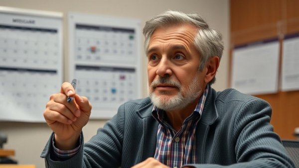 Thoughtful man considering Medicare enrollment at 65 with calendar background.