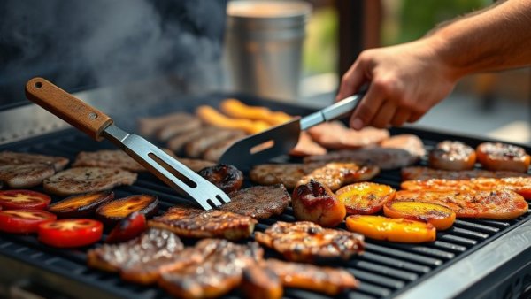 Person using best grill tool set on barbecue with meats grilling.