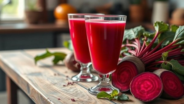 Glasses of beetroot juice on a wooden table, drinking beetroot juice daily.