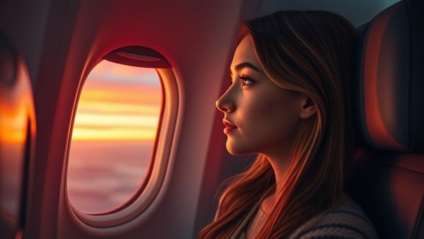 Young woman experiencing a comfortable flight at sunset.