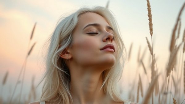 Calm woman with Cloud Dancer hair in serene nature scene.