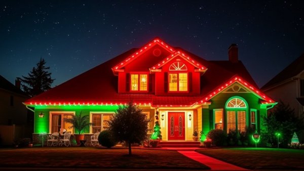 Permanent Christmas lights illuminating a house at night.
