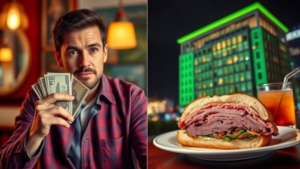 Cash-Only November Challenge collage with cash, sandwich, city lights.