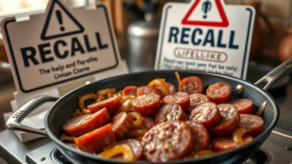Appetizing kielbasa sausages with recall sign in kitchen.