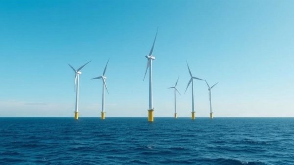 Offshore wind turbines in still ocean with clear blue sky.