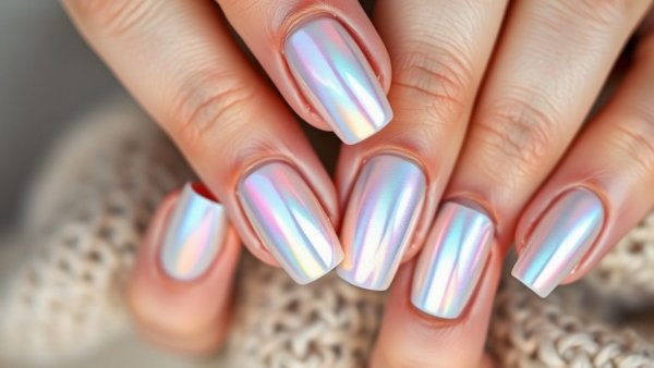 Iridescent ice aurora nails with holographic effect, close-up view.