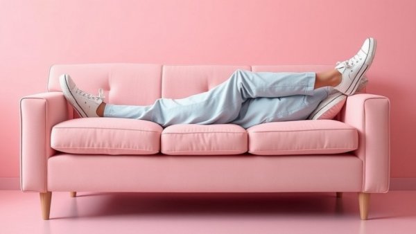 Person taking a break on pink couch in blue pants and sneakers.