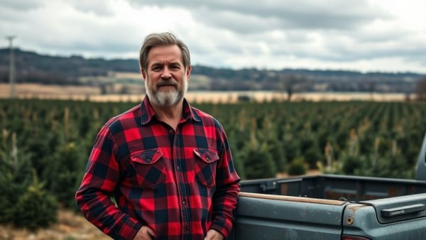 Rugged man in red plaid at Christmas tree farm, overcast sky.