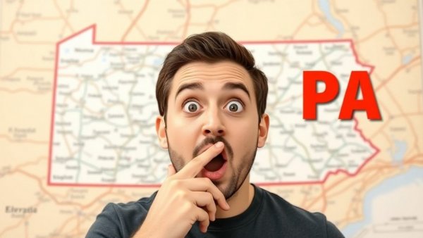 Surprised man next to Pennsylvania map highlighting living in Pennsylvania