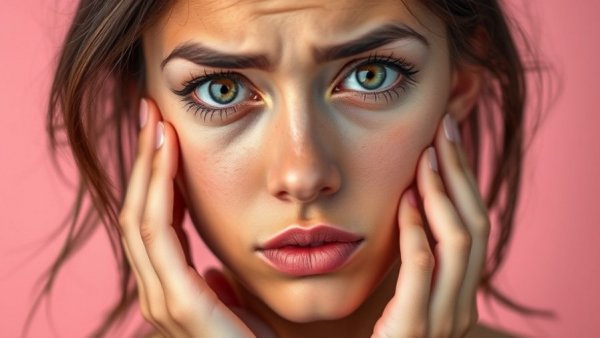 Young woman concerned about winter pollution effects on skin aging.