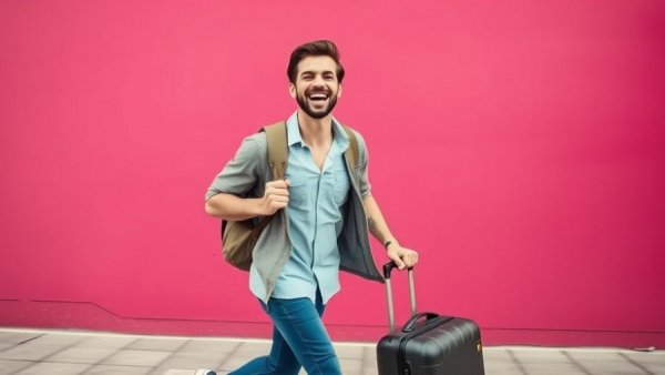Traveler rushing with suitcase against magenta wall, vibrant scene.