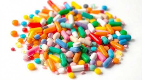 Colorful pills scattered on white background, depicting missed antibiotic dose.