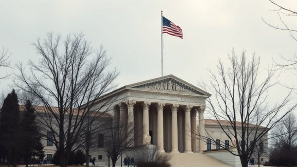 Supreme Court Building with winter trees, cloudy sky.