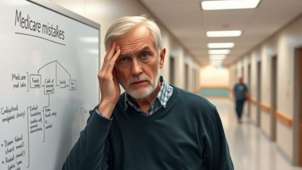 Concerned man in hospital next to a flowchart of Medicare mistakes.