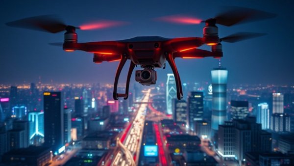 Police drone in night sky for traffic enforcement over cityscape