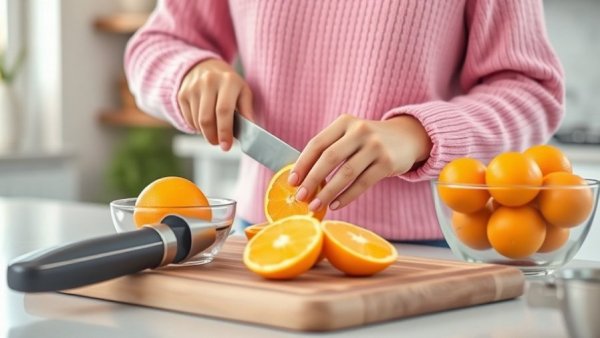 Person slicing oranges in a kitchen, discussing vitamin C intake.