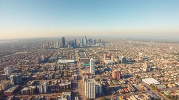 Aerial view of Los Angeles cityscape and neighborhoods under clear sky.