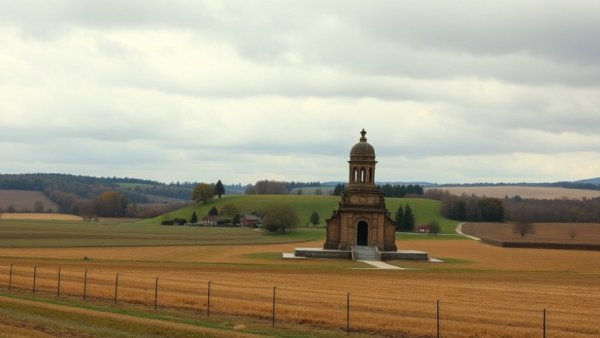 Historic monument in Pennsylvania farmland under cloudy skies, symbolizing funding cuts for Pennsylvania farmers.