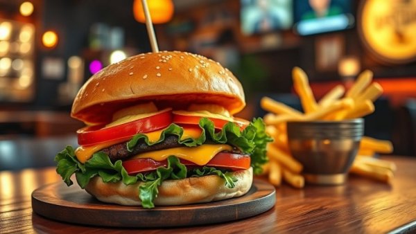 Filipino burger served with fries in Philadelphia restaurant.