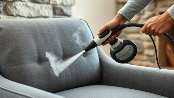 Person using handheld steam cleaner on gray chair, steam visible.