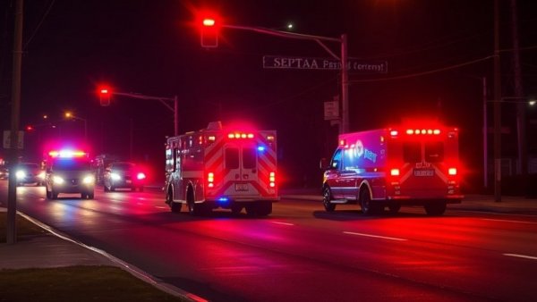 Emergency vehicles at nighttime SEPTA train accident scene.