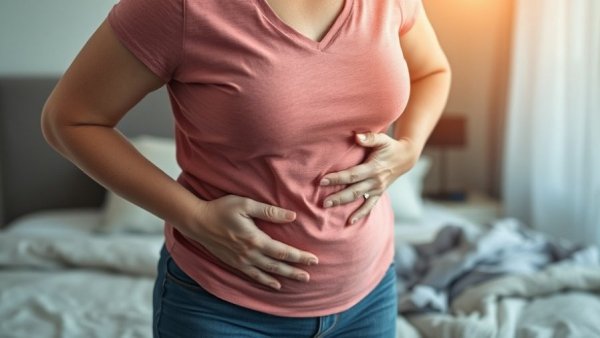 Woman experiencing abdominal discomfort, possible side effect of berberine.