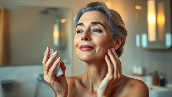 Mature woman in bathroom applying skincare, best beauty products TikTok over 50.