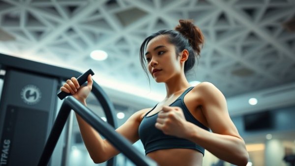 Young woman performing full-body workout with weight machine at modern gym.