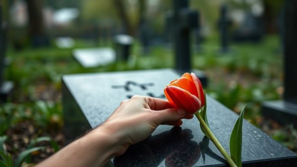 Somber moment as red tulip is placed on gravestone reflecting on financial blind spots grieving spouses.