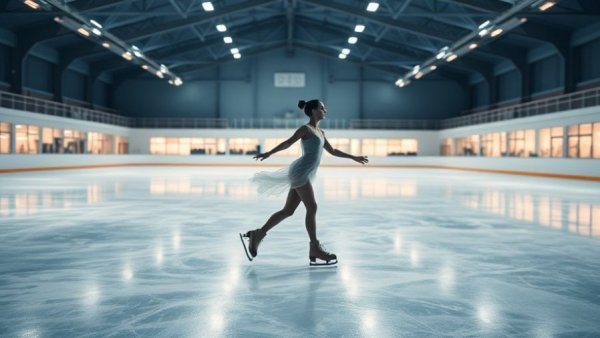 Figure skater gliding gracefully on indoor ice rink.