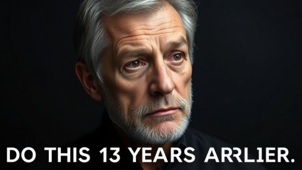 Thoughtful man with text '13 years earlier' on dark gradient.