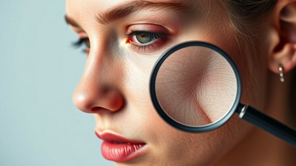 Close-up of woman's skin dryness under magnifying glass for winter skincare tips.