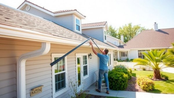 Person using a tool to clean house gutters in a sunny suburban setting, depicting best gutter cleaners.