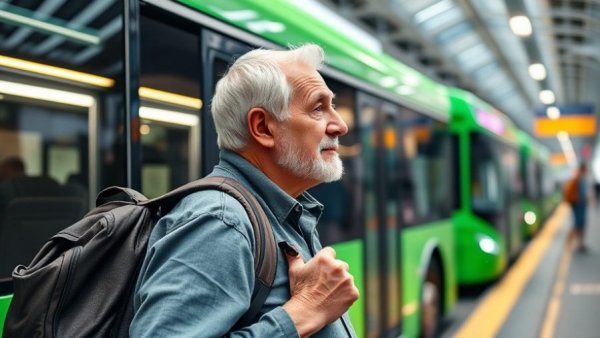 Man at European bus station with long-distance bus.