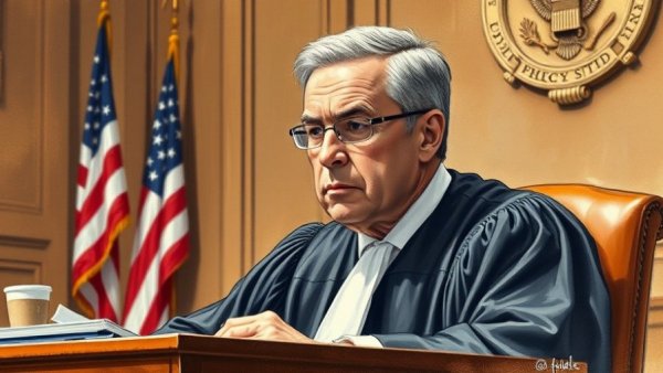 Courtroom illustration of a judge presiding over a trial.