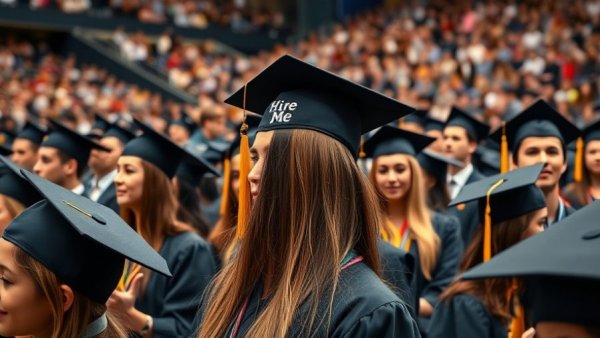 Graduation cap in crowd reads 'Hire Me', reflecting job search.