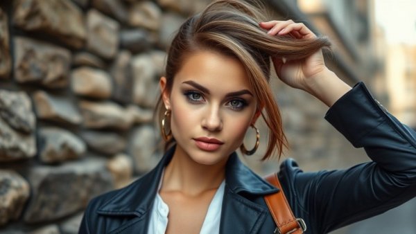 2026 hair trends: Young woman adjusting hair in urban setting
