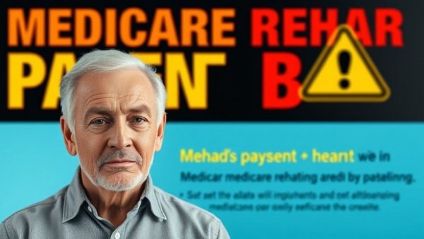 Informative graphic on Medicare coverage for rehab, featuring a mature man and bold text indicating a warning about how Medicare pays for rehabilitation services.
